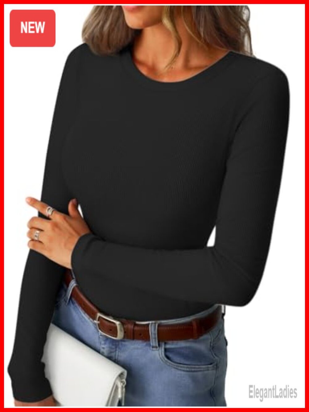 Ribbed Long Sleeve Crew Neck Fitted T-Shirt
